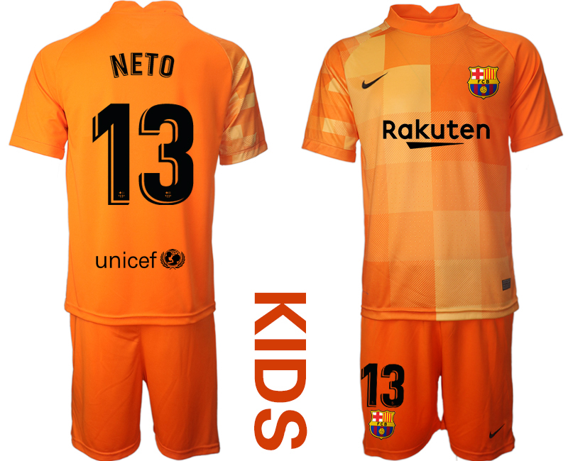 Youth 2021-2022 Club Barcelona orange red goalkeeper #13 Soccer Jersey->youth soccer jersey->Youth Jersey